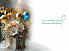 Открытка,  С Днем Рождения! (цветы и шарики), с блестками, 12*18 см, 1 шт.