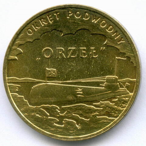 2 злотых 2012 год. Польша. Флот - Подводная лодка "Орел". Латунь, диаметр 27 мм. XF-AU