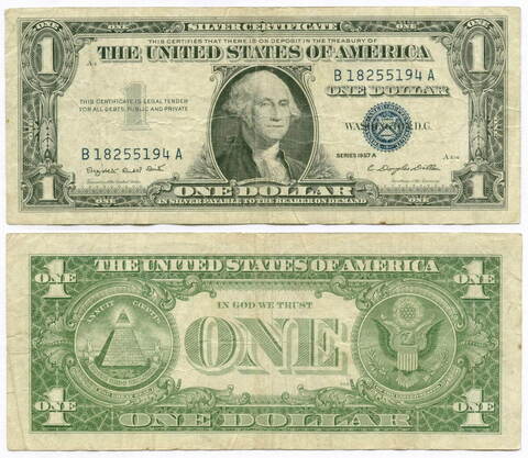 Банкнота США 1 доллар (серебряный сертификат) 1957A B 18255194 A. VF