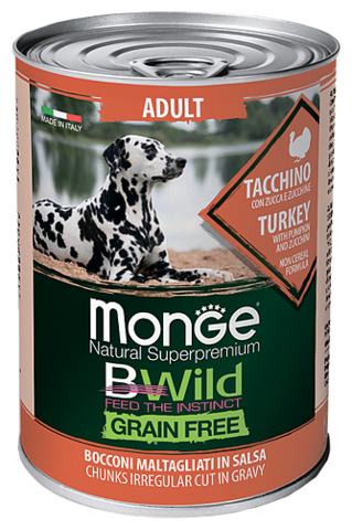 Monge Dog BWild GRAIN FREE консервы из индейки с тыквой и кабачками для взрослых собак 400г