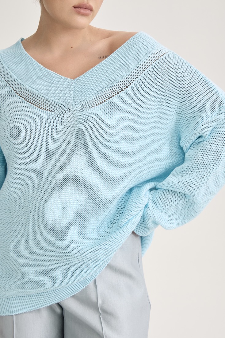 Джемпер вязаный на одно плечо, голубой
