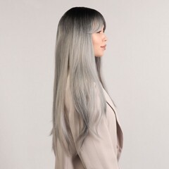 Парик искусственный, с чёлкой, имитация кожи, 60 см, цвет чёрный/пепельный