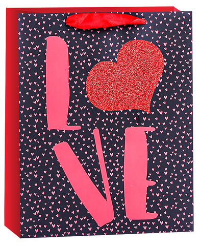 Пакет подарочный, Любовь (конфетти сердец), Черный/Красный, с блестками, 23*18*10 см