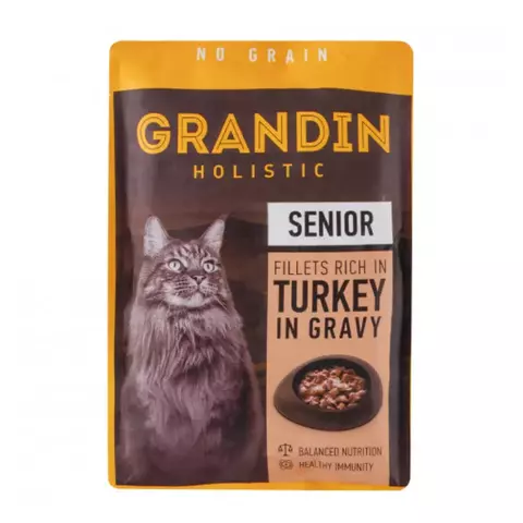 Grandin Влажный корм для кошек старше 7 лет, кусочки с индейкой в соусе, 85г