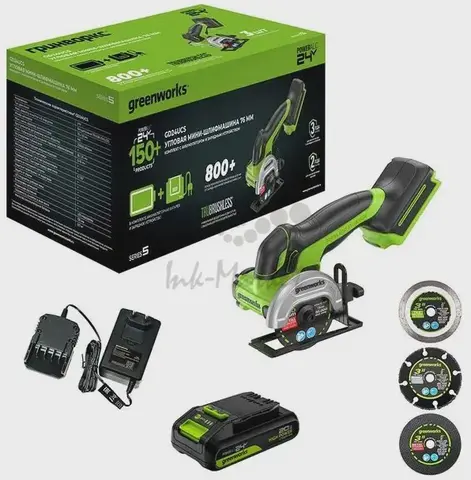 Угловая мини-шлифмашина аккумуляторный Greenworks GD24UCS, 24V, б/щет, 20000 об/мин, 76 мм, рез 18 мм, 1х2Ач, ЗУ, кор (3402007CUA)