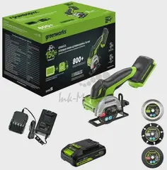 Угловая мини-шлифмашина аккумуляторный Greenworks GD24UCS, 24V, б/щет, 20000 об/мин, 76 мм, рез 18 мм, 1х2Ач, ЗУ, кор (3402007CUA)