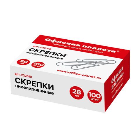 Скрепки ОФИСНАЯ ПЛАНЕТА, 28 мм, никелированные, 100 шт., вкартонной коробке, Россия, 222019