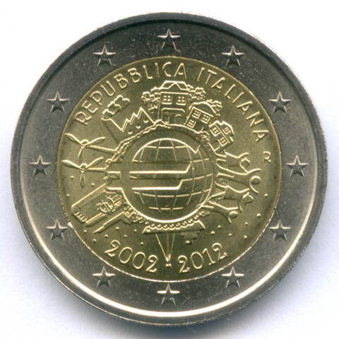 2 евро 2012 год. Италия. 10 лет наличному евро. Биметалл UNC