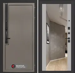 Входная дверь в квартиру Лабиринт Лаб про 1 Велютто кофе с зеркальной вставкой Максимум Серый софт (без текстуры)