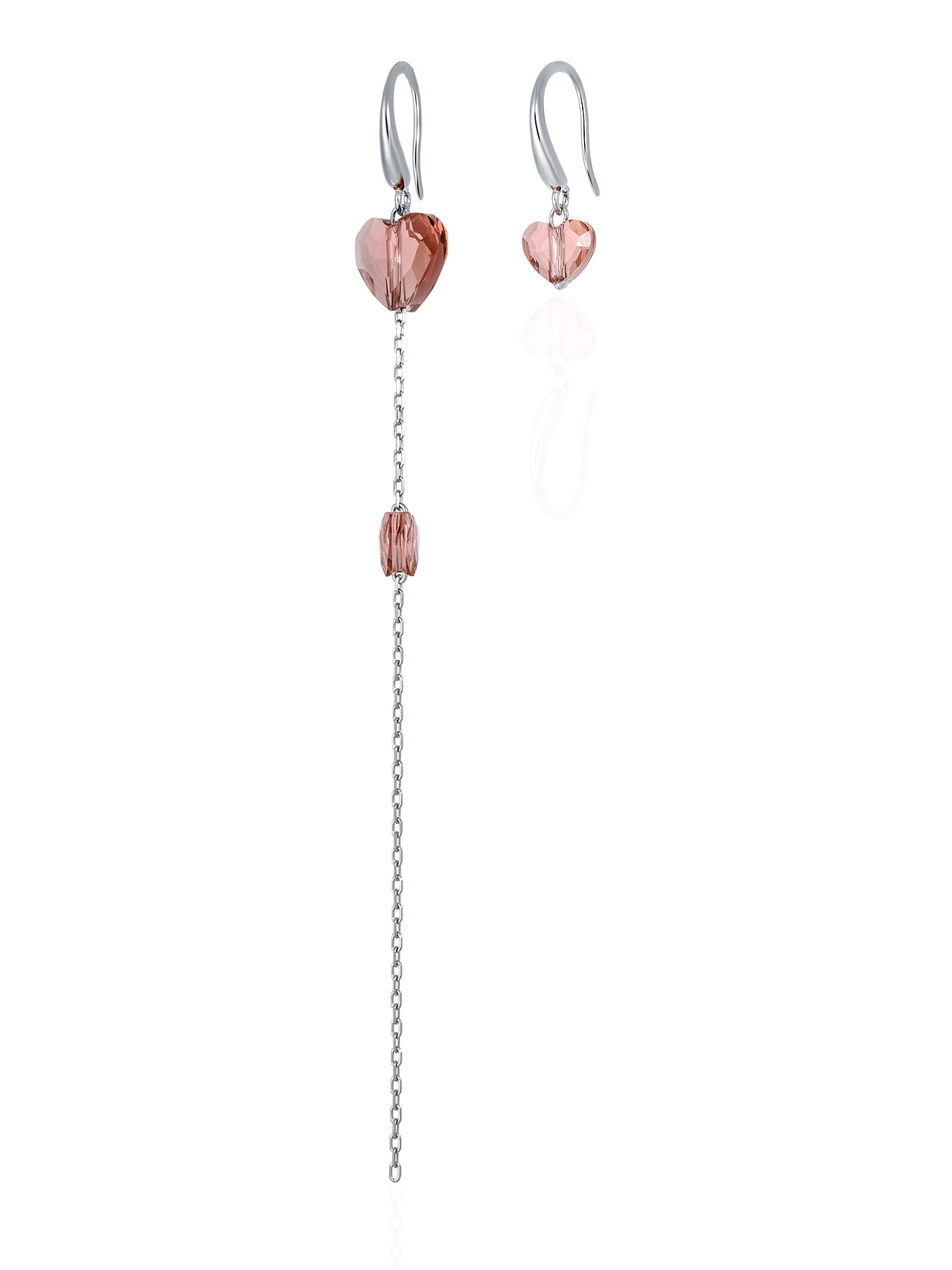 Длинные асимметричные серебряные серьги с кристаллами Swarovski оттенка пыльная роза