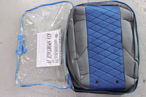 Авточехлы Kia Sportage IV с 15г. (темно-серый + алькантара синяя (широкий ромб)) (Эксклюзивный комплект)