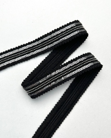Тесьма с декором из цепочек и пайеток, цвет: чёрный/никель, ширина 17мм