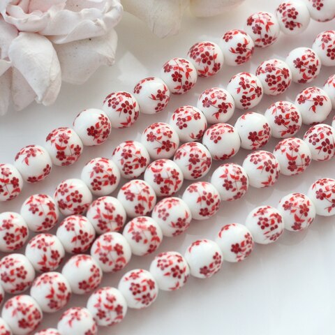 Бусина Шарик, керамика, белая с красной росписью, 10 мм, 1 нить, К157