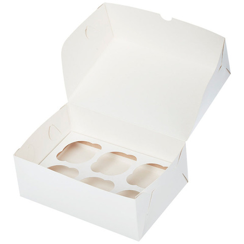 Коробка картонная для капкейков на 6 шт., с окном, из бел/бел картона. 250х170х100мм