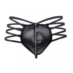 Кожаные мужские стринги Ohyeah Zipper Black, на молнии со стрепами, S