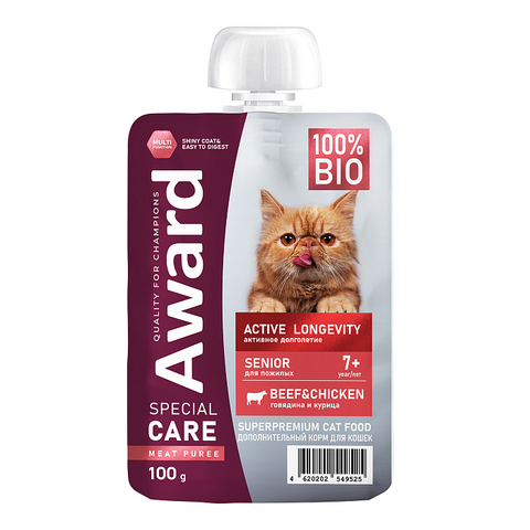 Влажный дополнительный корм AWARD SPECIAL CARE Active longevity "мясное пюре" для пожилых кошек старше 7 лет для активного долголетия из курицы с говядиной 100г