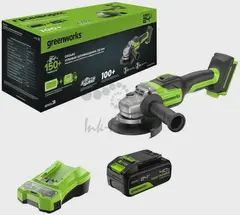 Угловая шлифовальная машина аккумуляторный Greenworks GD24AG, 24V, б/щет, 125 мм, 10500 об/мин, 1x4Ач, ЗУ, кор (3200207CUB)