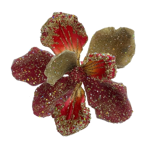 Цветок магнолия на клипсе 20см ChristmasDeLuxe premium collection красная/бордовая/золотая