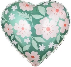 Фольгированный шар сердце, принт - цветы 48 см