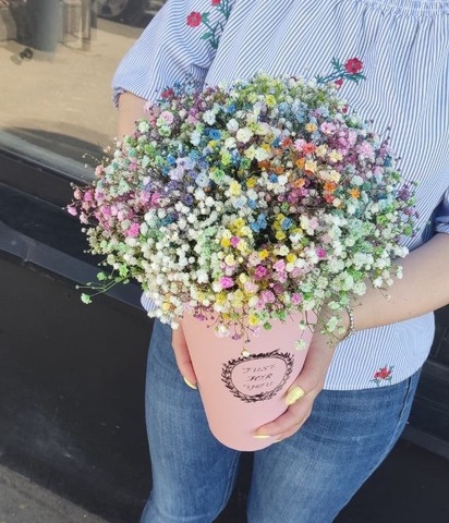 Облако цветной гипсофилы в высокой коробке