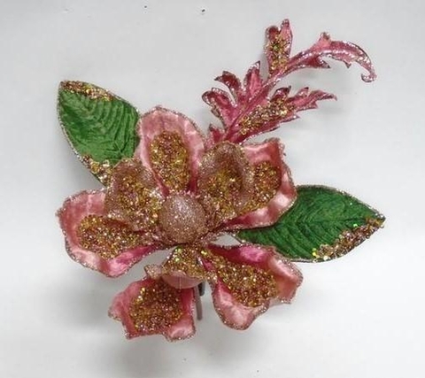 Цветок магнолия на клипсе 20см ChristmasDeLuxe premium collection розовая