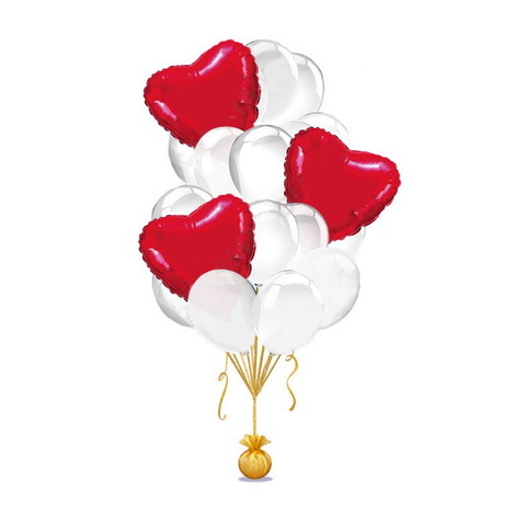 Букет белых шаров с красными сердцами