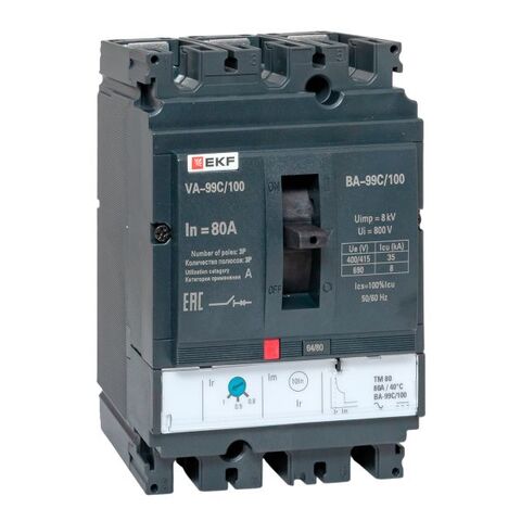 Выключатель автоматический в литом корпусе ВА-99C 100/80А 3P 35кА с термомагнитным расцепителем EKF