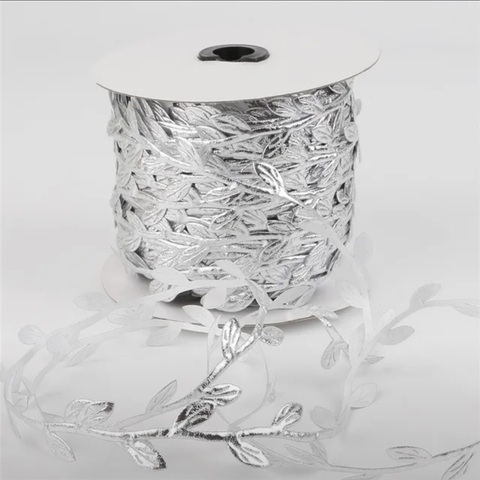 Искусственные шелковые ленты-листья, 3см , цвет серебро 5метров