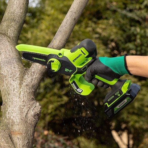Цепная пила Greenworks G24MCS10k2, 24v, 10 см, в комплекте с АКБ 2 А·ч и ЗУ (аккумуляторная, мини) отзывы