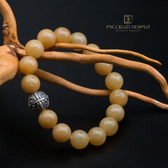Браслет "Летучая мышь". Медовый нефрит. Бусины 12мм