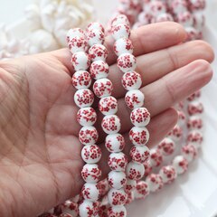 Бусина Шарик, керамика, белая с красной росписью, 10 мм, 1 нить, К157