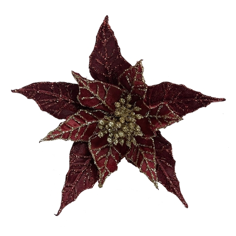 Цветок пуансеттия на клипсе 23см ChristmasDeLuxe premium collection бордовая