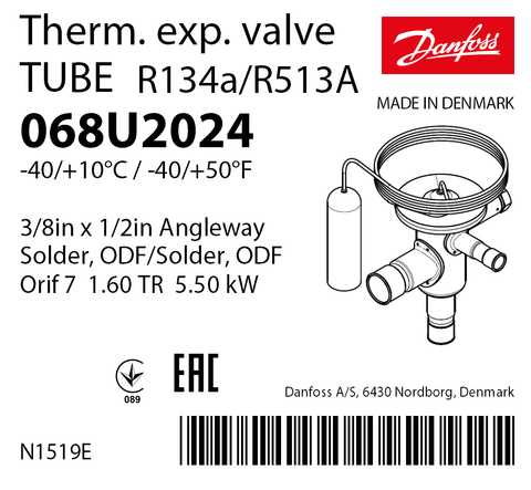 Терморегулирующий клапан Danfoss TUBE 068U2024 (R134a/R513A, без МОР) угловой