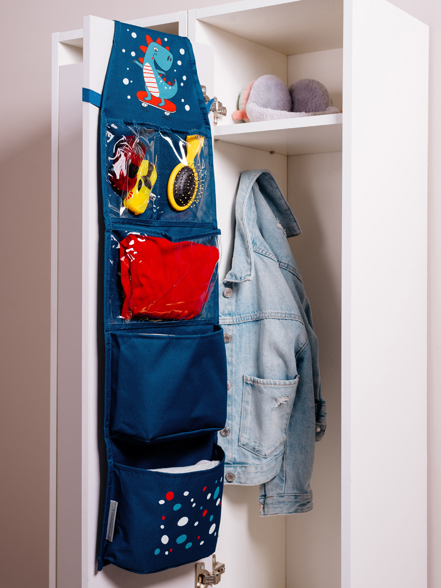 Кармашки в садик для детского шкафчика 83х24 см, Динозавр (синий)