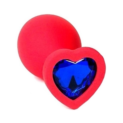 Силиконовая красная анальная пробка с синим кристаллом в форме сердца