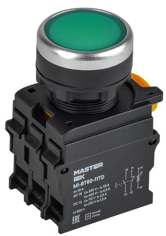 Кнопка с подсвет. и фикс. d=22мм 1NO+1NC зелёная MASTER IEK