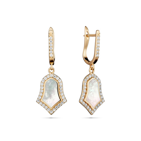 Earrings Steppe Tulip, Mother of Pearl, Yellow Gold, Cubic Zircons