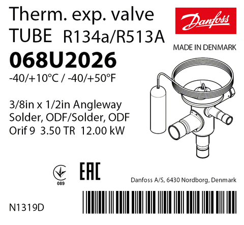Терморегулирующий клапан Danfoss TUBE 068U2026 (R134a/R513A, без МОР) угловой