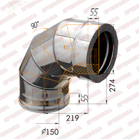 Отвод-сэндвич 90° d150х210мм (439/0,8мм+нерж) Ferrum