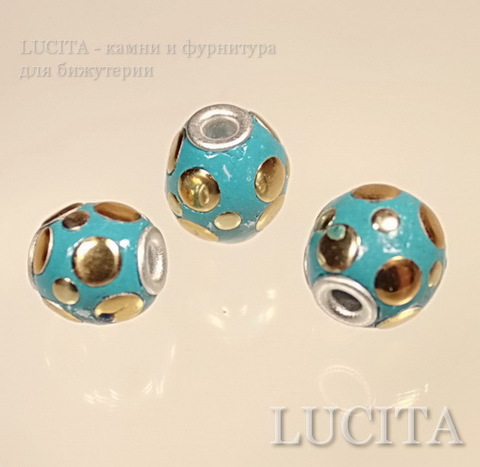Бусина "Индонезийская" ручной работы голубая с золотом, 13-15 мм ()