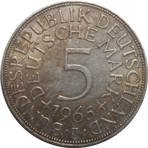 5 марок. Германия. (J). Серебро. 1965 год. XF