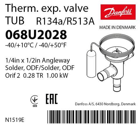 Терморегулирующий клапан Danfoss TUB 068U2028 (R134a/R513A, без МОР) угловой