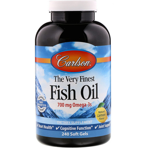 Carlson Labs, Рыбий жир с натуральным лимонным вкусом «The Very Finest Fish Oil», 700 мг, 240 мягких желатиновых капсул