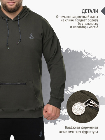 Худи цвета хаки с логотипом, без лампасов. Плотный футер