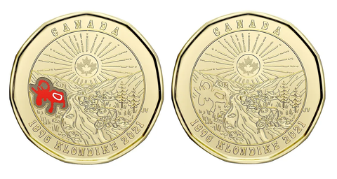 Набор из 2-х монет (простая и цветная) номиналом 1 доллар Канады. 125 лет Золотой лихорадке в Клондайке.