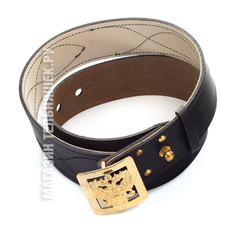 Купить кожаный офицерский ремень - Магазин тельняшек.ру 8-800-700-93-18Ремень кожаный Офицерский с юфтевой прострочкой Черный с пряжкой латунь Герб РФ в Магазине тельняшек