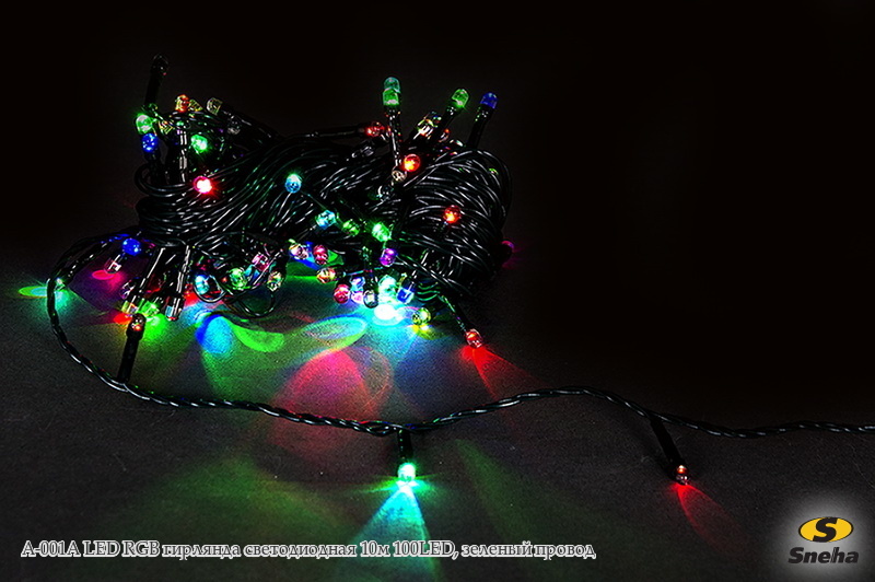 Гирлянда светодиодная A-001A LED RGB 10м 100LED, зеленый провод Многоцветная