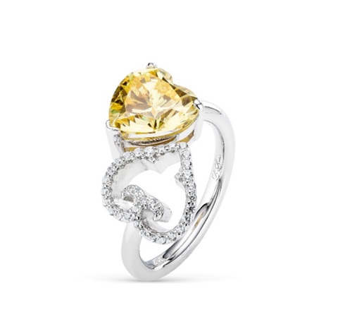 Кольцо Два Сердца желтый камень,Родий,Кубические Цирконы