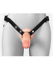 Телесный полый страпон на черных ремнях Hollow Silicone Strap-on - 17,8 см. - 