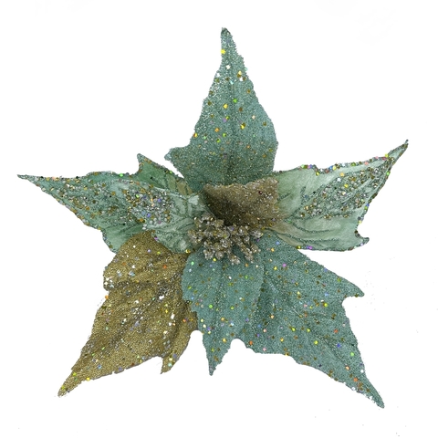 Цветок пуансеттия на клипсе 27см ChristmasDeLuxe premium collection бирюзовая/золотая